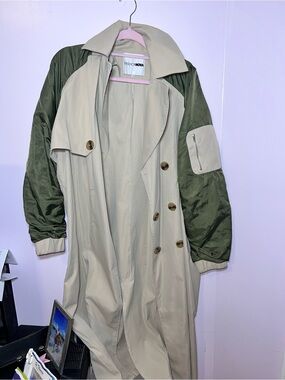 Fashion Nova Two-Tone Beige Trench Coat with Olive Green Sleeves